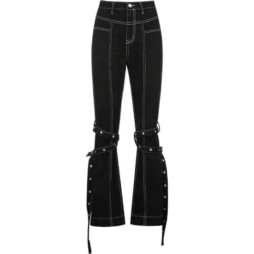 2021 New Women Hip Hop Flare Jeans, Casual High Waist Slim Fit Denim Pants with Criss-Cross Belts Fashion Joker