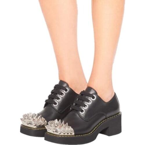 Black Red White Genuine Leather Punk Style Spike Lace Up Pumps Woman 5 cm 9 cm Chunky Heels Round Toe Single Shoes Big Size 43