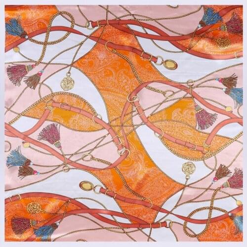 POBING Luxury Tassel Rope Print Head Hijab Bandana Women Satin Silk Scarf Shawl Foulards Femme Square Scarves Wraps 90*90CM