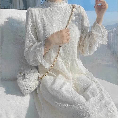 Vintage Spring Lace Dress Women Elegant Butterfly-sleeve Autumn Flower Dress White Double-layer Sweet New Female Clothing 15988