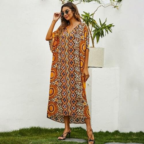 Abaya Dubai Muslim Dress Women 2021 Summer V Neck Short Sleeve Retro Printing Vintage Dress Loose Plus Size Islamic Clothing