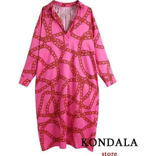 KONDALA Womens Dress Vintage Za Fashion 2021 Stain Geometric Print Loose Dress Female Long Sleeve Elegant Mujer Vestidos