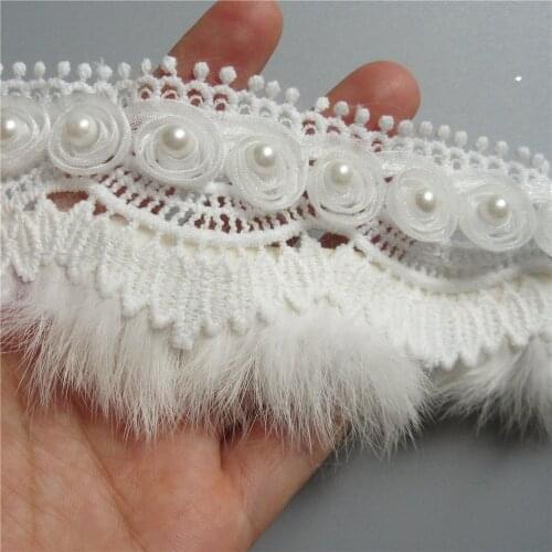 50cm/Lot White Faux Fur Villus Lace Trim Pearl Flower Embroidered Ribbon Fabric Handmade DIY Wedding Dress Clothes Sewing Craft