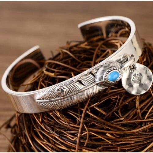 Real 999 Sterling Thai Silver Lovers' Bangle Handcraft Feather Turquoise Open Bangles Bracelet Fine Jewelry Trendy Gift Party