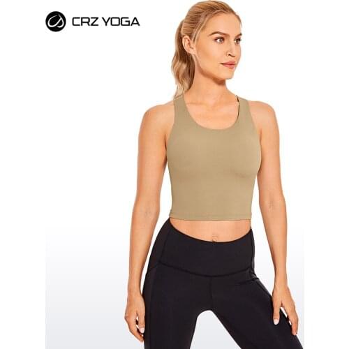 CRZ YOGA Womens Longline Cropped Sports Bra High Neck Cami Tank Tops Wirefree Padded Yoga Bra