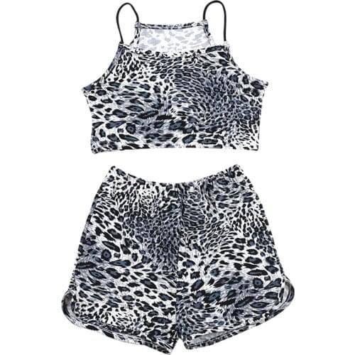 Kids Girls Sportswear Summer Suit Leopard Print Straps Sleeveless Cropped Tops and Shorts Set Beach Holiday Sport Casual Wear