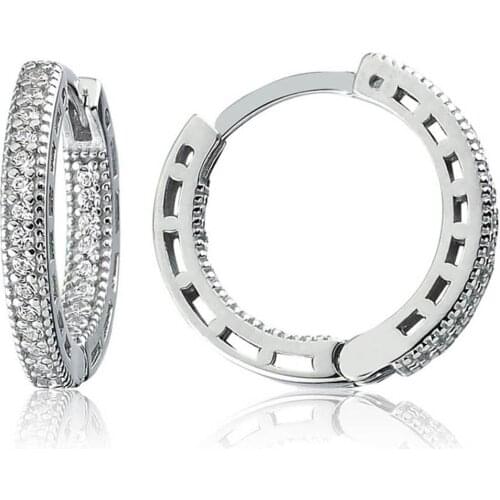 Valori Jewels Double Sided Circle, Zirconia White Round Gemstone, Rhodium Plated, Hoop Earrings