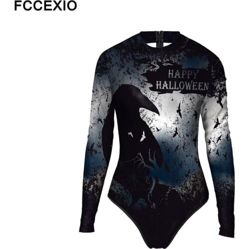 FCCEXIO Happy Halloween Print Women One-Piece Swimsuit Summer Casual Long Sleeve Beachwear Bathing Suit Sexy Tight Swimwear