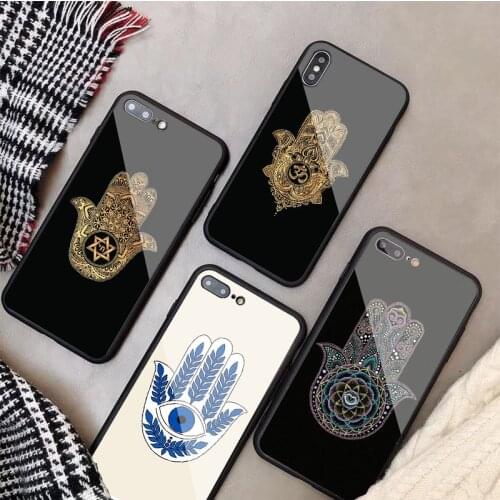 Hamsa Hand of Fatima Tempered Glass Phone Case For iphone 12 11 Pro Max 5 6 7 8 PLUS X XS XR XSMax Shell