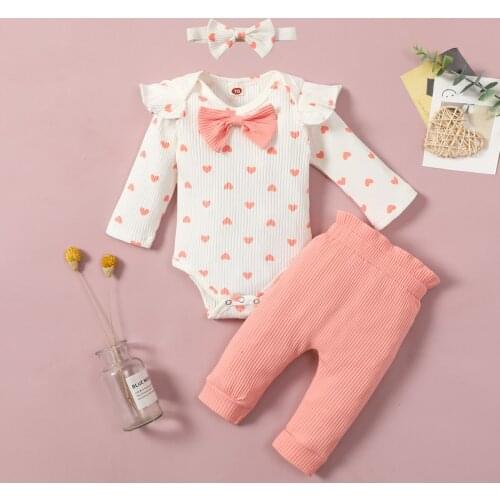 FOCUSNORM 3Pcs Baby Girls Outfits Heart Print Ruffled Long Sleeves Romper + Elastic Waist Pants + Headband Outfits 0-24M