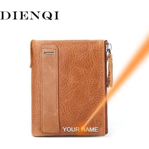 DIENQI Cow Leather Wallet For Men RFID Card Wallet Vintage Trifold Short Leather Money Purse Zipper Coin Pocket Slim Thin Vallet