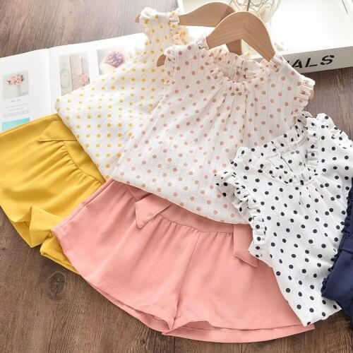 Summer Grils Clothes Korean Girls Dots Sleeveless T-shirts Casual Bow Shorts Pants Children Clothing Toddler Girls Clothes Sets