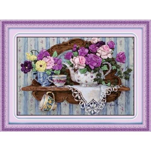 3D rose flowers Ribbon embroidery painting sets handcraft embroidery circle DIY handmade needlework wall art decor gift