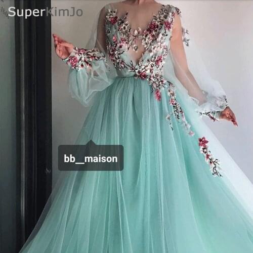SuperKimJo Vestido De Longo De Festa Arabic Style Prom Dresses 2020 Long Sleeve Embroidery Applique Mint Green Prom Gown