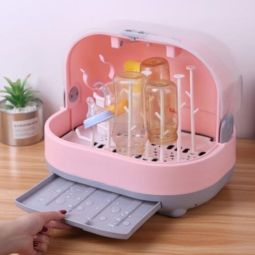 Portable Kids Bottle Drying Rack Box with Anti-dust Cover Large Cup Bottle Storage Box Travel Feeding Organizer