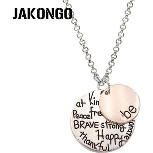 JAKONGO Silver Plated Be Kind Peace Happy Charm Pendant Chain Necklace for Womens Fashion Friendship Necklace 60cm