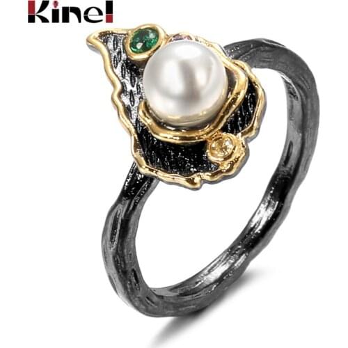 Kinel Luxury Boho Natural Style lucky Leaf Rings for Women Black Gold Mosaic Vintage Pearl Wedding Bride Ring Ethnic Jewelry