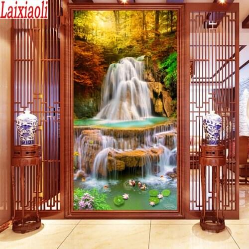 DIY Making money flowing water Embroidery,Round Diamond Full rhinestone Diamond painting cross stitch waterfall large size decor