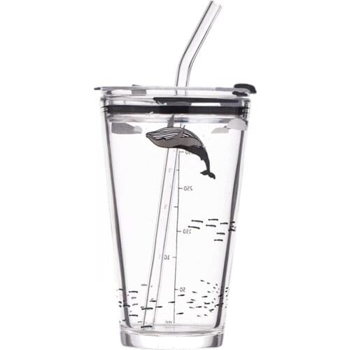 HOT Glass Cup 450Ml With Handle And Straw Transparent Juice Milk Tea Water Bottle With Lid And Scale Drinking Straw(Whale)