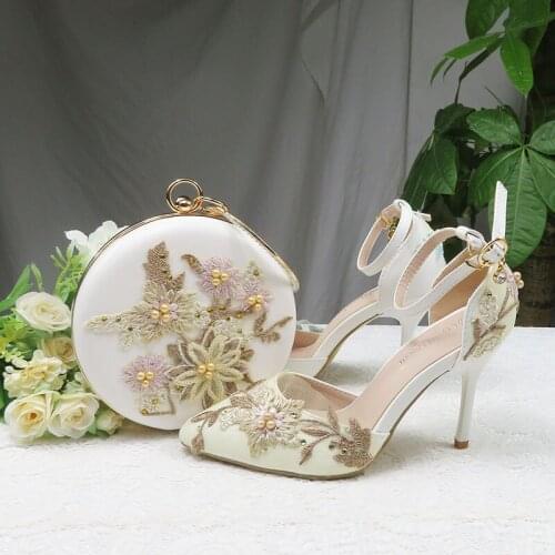 Round Bags Lace Flower wedding shoes with matching bags High heels Pointed Toe Ankle Strap Ladies Party shoe and bag set
