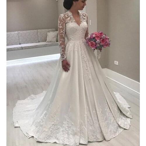 Vintgae Long Sleeves Satin Wedding Dresses 2020 Sexy V Neck Floor Length Lace Appliques Satin Summer Spring Garden Bridal Gowns