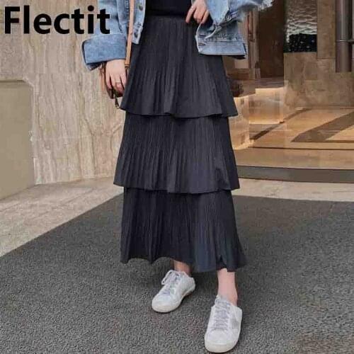 Flectit Womens Tiered Midi Skirt Elastic Waist Layer Pleated Skirt in Textured Chiffon Black White Spring Summer 2020 Fashion