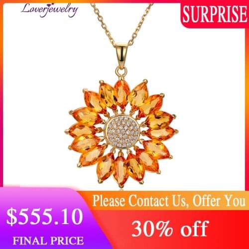 LOVERJEWELRY Necklace Pendant Lady Pure 14KT Yellow Gold Natural Citrine Diamonds Sunflower Pendant For Women Party Gift Jewelry