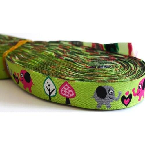 5/8'' 16mm Wide Funky Twin Love Elephant Lime Tone Woven Jacquard Ribbon