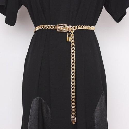 Womens runway fashion gold metal lock chain Cummerbunds female Dress Corsets Waistband Belts decoration narrow belt TB1361