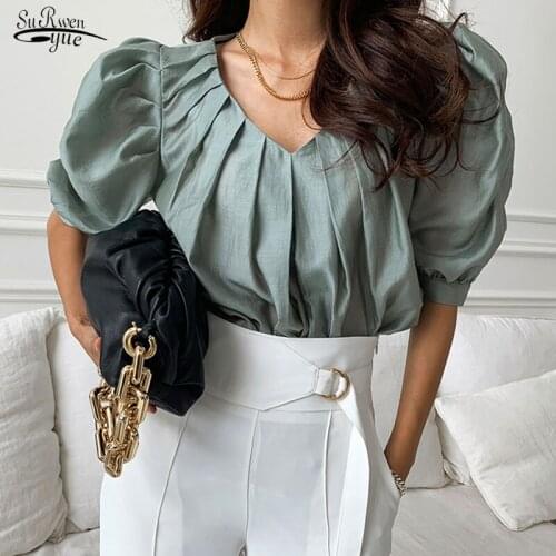 Summer Elegant Chiffon Shirt Korean New V-neck Pleated Puff Short Sleeve Women Shirt Blouse Loose Women Clothing Blusa 14944