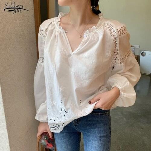 Summer New 2021 Female Silm Sweet Solid Office Ladies Blouse Niche Design V-neck Embroidery Hollow Loose Long Sleeve Shirt 15584