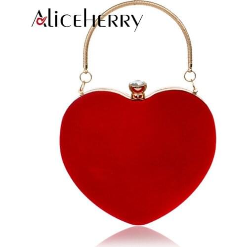 Women Evening Bags Red/Blue Heart Shaped Diamonds Chain Shoulder Purse Day Clutches Grade Velvet Evening Bags For Party Wedding