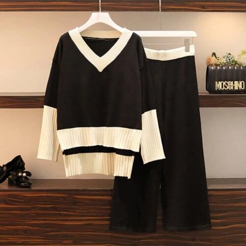 Women Track Suits Sets Autumn Winter V-Neck Long Sleeves Pullovers+Long Pants Sets Soft Warm Knit Sweater Track Suits Plus Size