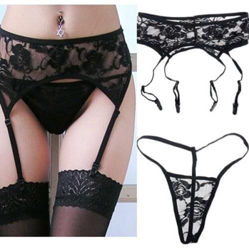Womens Lingerie Sets High Quality Lace Garter Belt Suspender +Matching G-String Thong Set for Stockings