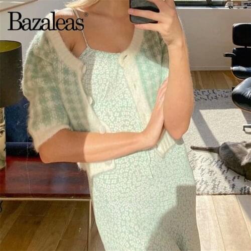 Bazaleas France Center Buttons Sweaters Chic Women Sweater Light Green Tartan pull femme Cardigan Casual buttons Knitted Tops