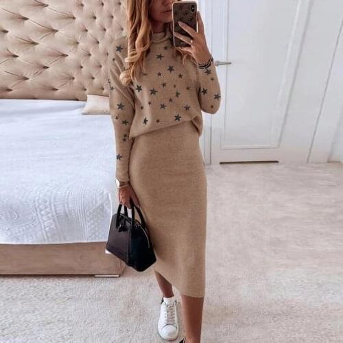 Autumn Winter Casual Skirts Women Set Lady Fashion Stars Print Sweatshirt Pullover and Bodycon Skirt Outfits Vintage 2pcs Suits