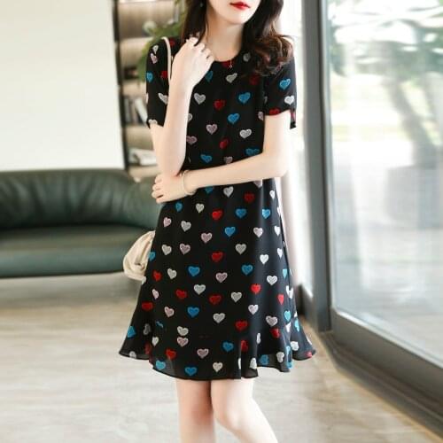 2021 summer chiffon dress sweet style lining printed ruffled hem mulberry silk dress women Casual Polyester COTTON