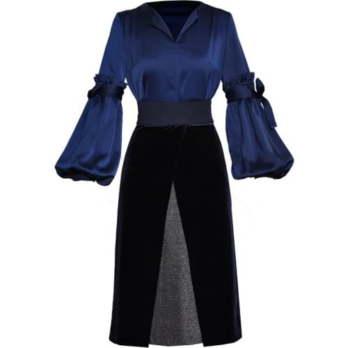 Two piece winter set women clothes outfits lantern sleeve slit v neck navy blue lady tops blouses + high waist velvet skirt