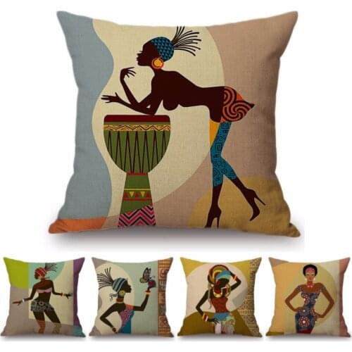 2018 Cartoon Fashion African Lady Sofa Decorative Pillows Cases Africa Symbols Modern Decoration Art Cotton Linen Cushion Cover