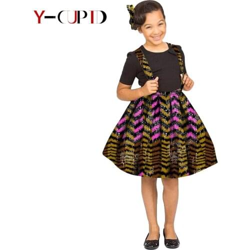 African Clothes for Kids Casual Lovely Girls Children 100% Cotton Print Suspender Skirt Matching Hairpin Bazin Riche YS204012