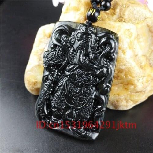 For Amulet Accessories Carved Black Charm Necklace Men Jewelry Green Jade Obsidian Gifts Guanyu Chinese Natural Pendant