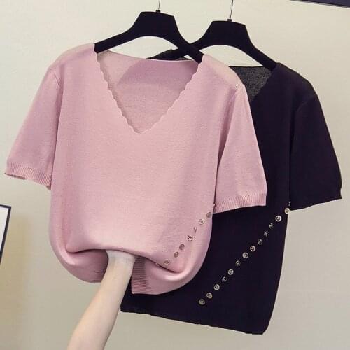 Oversized Women Sweater Pullovers short Sleeve thin Basic V neck Sweater Female Knit Jumpers Button Top 2021 plus size