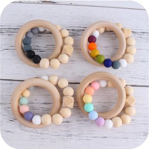 Baby Nursing Bracelets Rainbow Silicone Teether Wood Teething Rattles Nursing Toys Gift