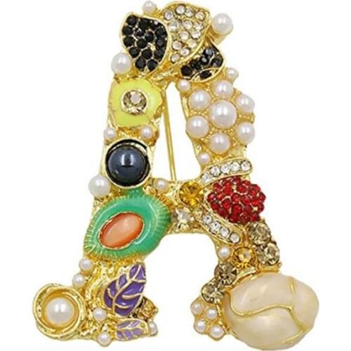 Crystal letter A Lapel Pin Brooches Collar golden Plated Metal enamel pearl English letter Brooch pin