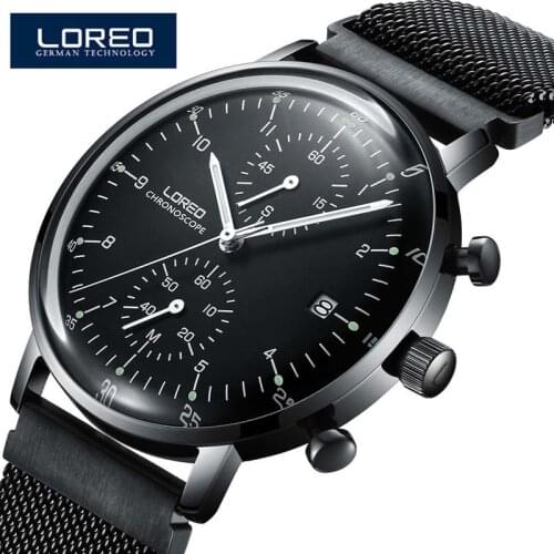 LOREO Luxury Brand Quartz Men Stainless Steel Black Watch 50m Waterproof Luminous Watches Calendar Watch Relogio Masculino 6112