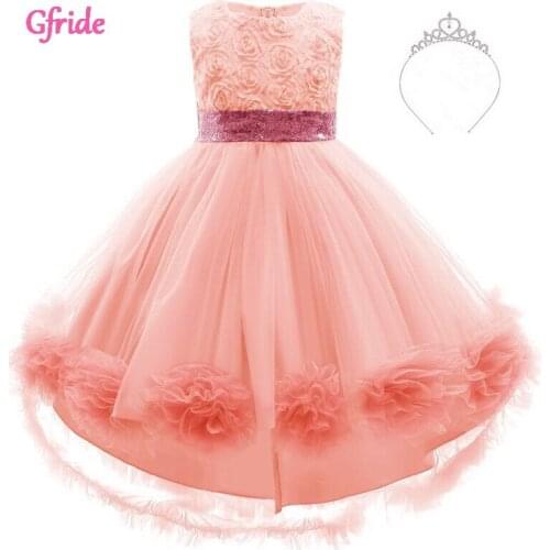 2021 Summer Pink Princess Girl Party Dress With Crown Sleeveless For Kids Birthday Gown Elegant Piano Performance Bow Clothing