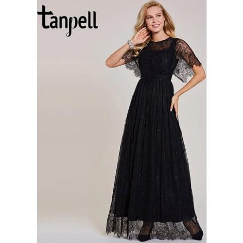 Tanpell long lace evening dress cheap black scoop short sleeves floor length a line gown women party prom formal evening dresses