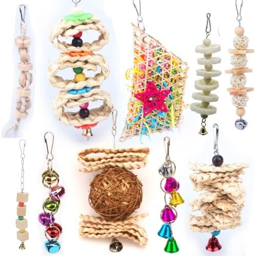 Bird Toys Parrot Stand Perch For Parakeet Swing And Accessories Cockatiel Product Bell Natural Wooden Grass vogel speelgoed