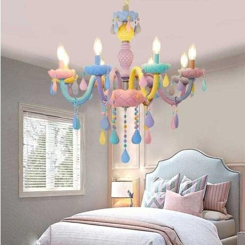 Childrens room chandelier European style modern bedroom dining room lamp crystal glass net red macaron color princess creative