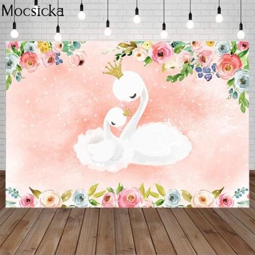 Mocsicka White Swan Birthday Backdrop Flowers Custom Child Portrait Photo Party Photography Background Decoration Baby Shower